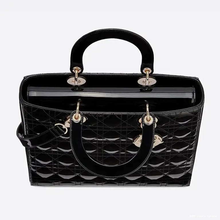 Cheap Large Black Cannage Gold Patent Bag Lady Calfskin Dior 0702 Luxury